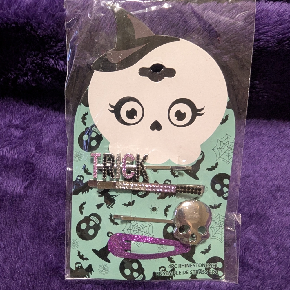 Halloween Skull Hair Clip Set - Purple and Silver
